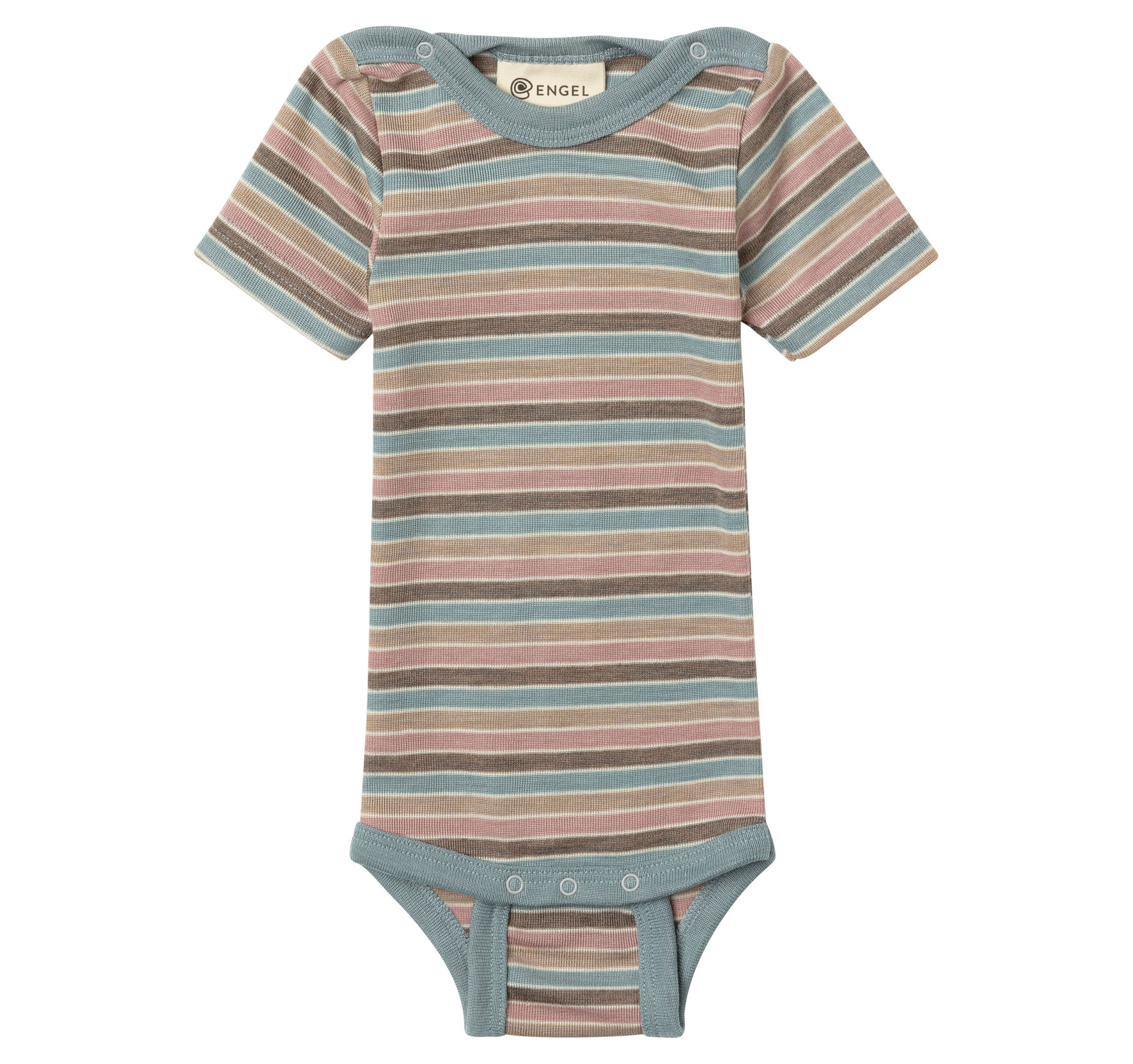 Fine-ribbed short-sleeve baby bodysuit made from virgin merino wool, with snap buttons on the shoulders and a colorful striped pattern.