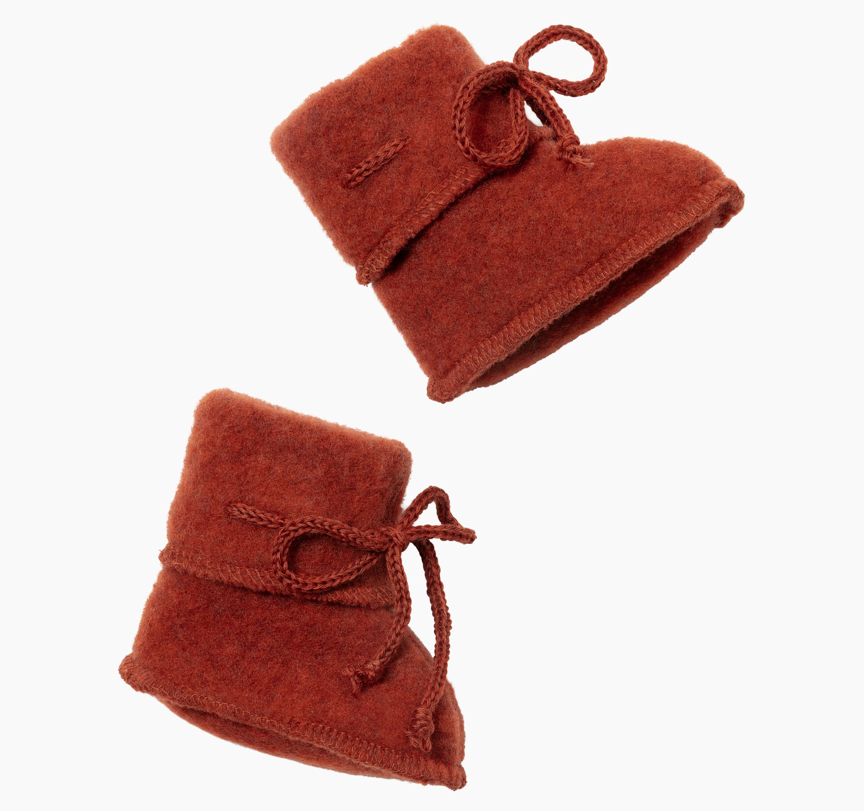 Weiche Baby-Schühchen von Engel aus Fleece in der Farbe Magma Melange aus  100 % Merinoschurwolle mit umgeschlagenem Rand und Schnürung mit Schlaufe vorne
