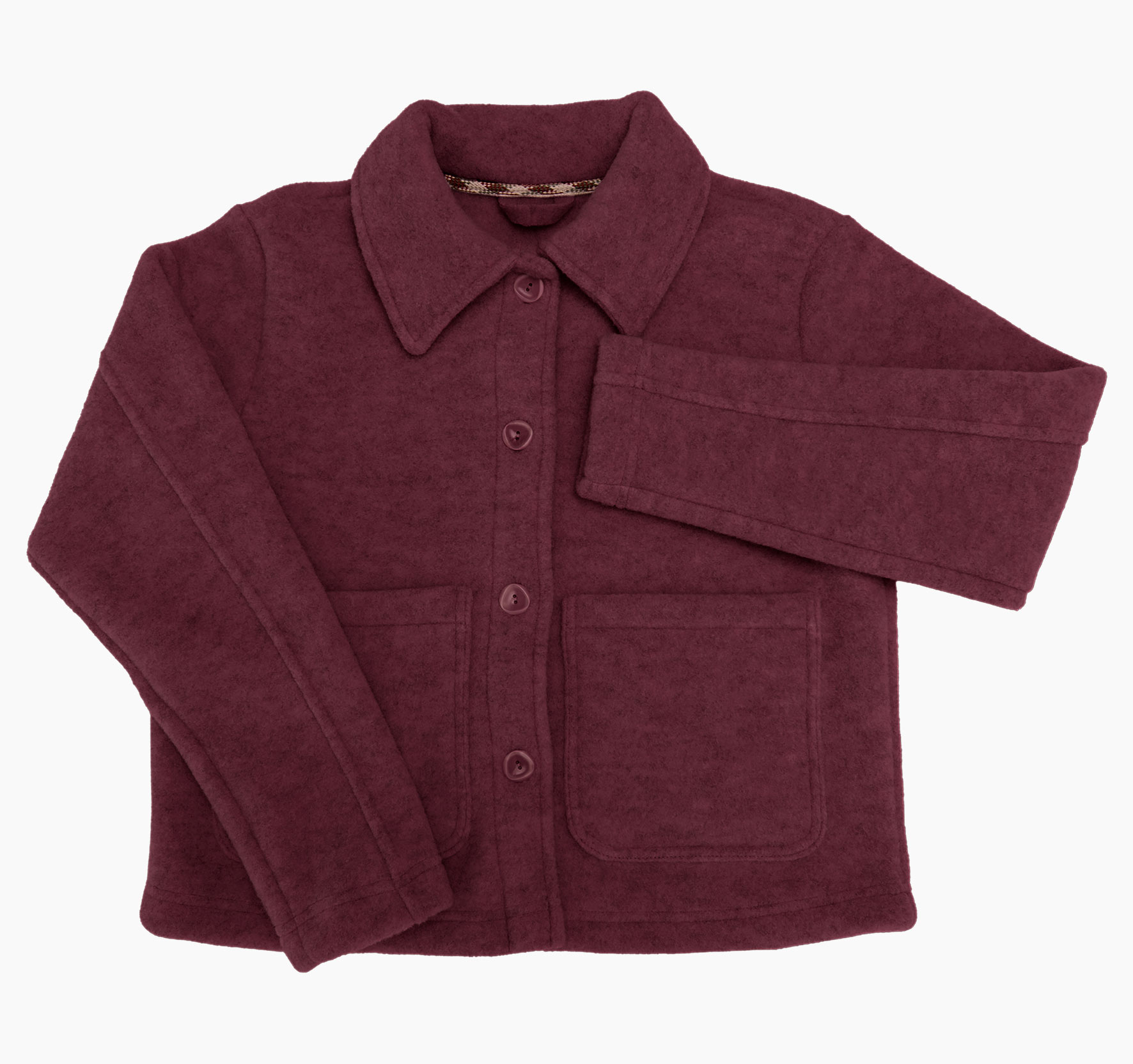 Damen Kurzjacke aus 100% Schurwolle von Merinoschafen mit zwei großen Taschen und mit Knöpfen aus Steinnuss.